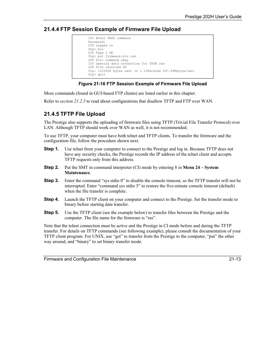 4 ftp session example of firmware file upload, 5 tftp file upload | ZyXEL Communications 202H User Manual | Page 237 / 309