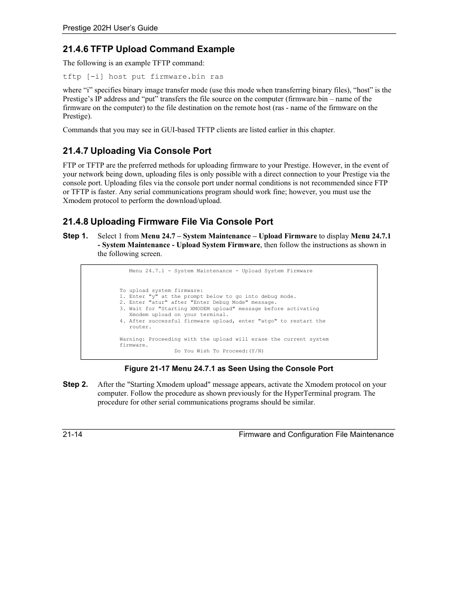 6 tftp upload command example, 7 uploading via console port, 8 uploading firmware file via console port | ZyXEL Communications 202H User Manual | Page 238 / 309