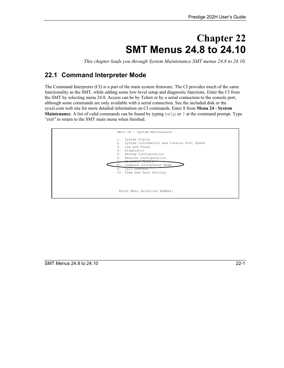 Smt menus 24.8 to 24.10, Command interpreter mode, 1 command interpreter mode | ZyXEL Communications 202H User Manual | Page 243 / 309