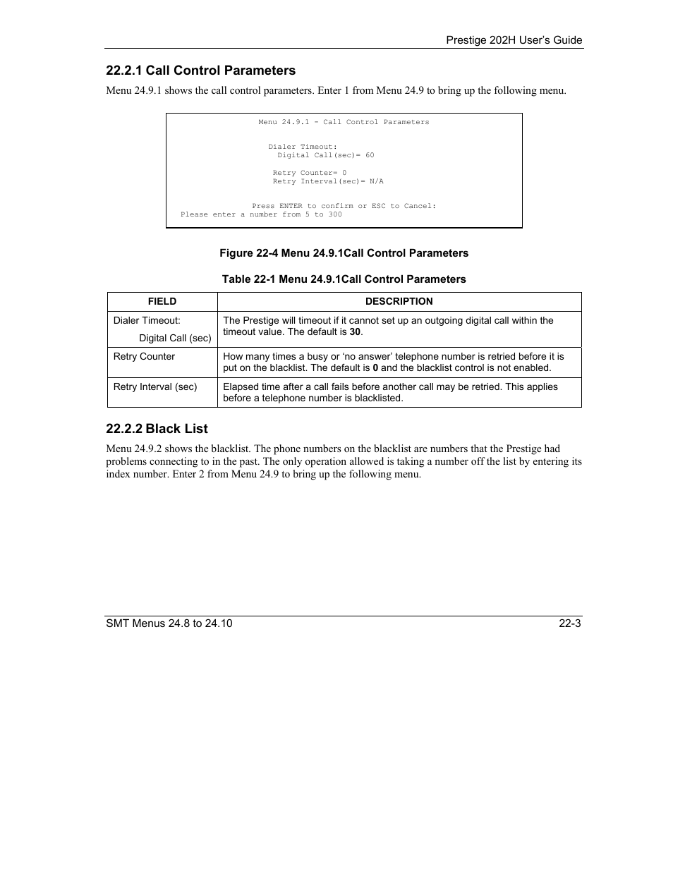 1 call control parameters, 2 black list | ZyXEL Communications 202H User Manual | Page 245 / 309