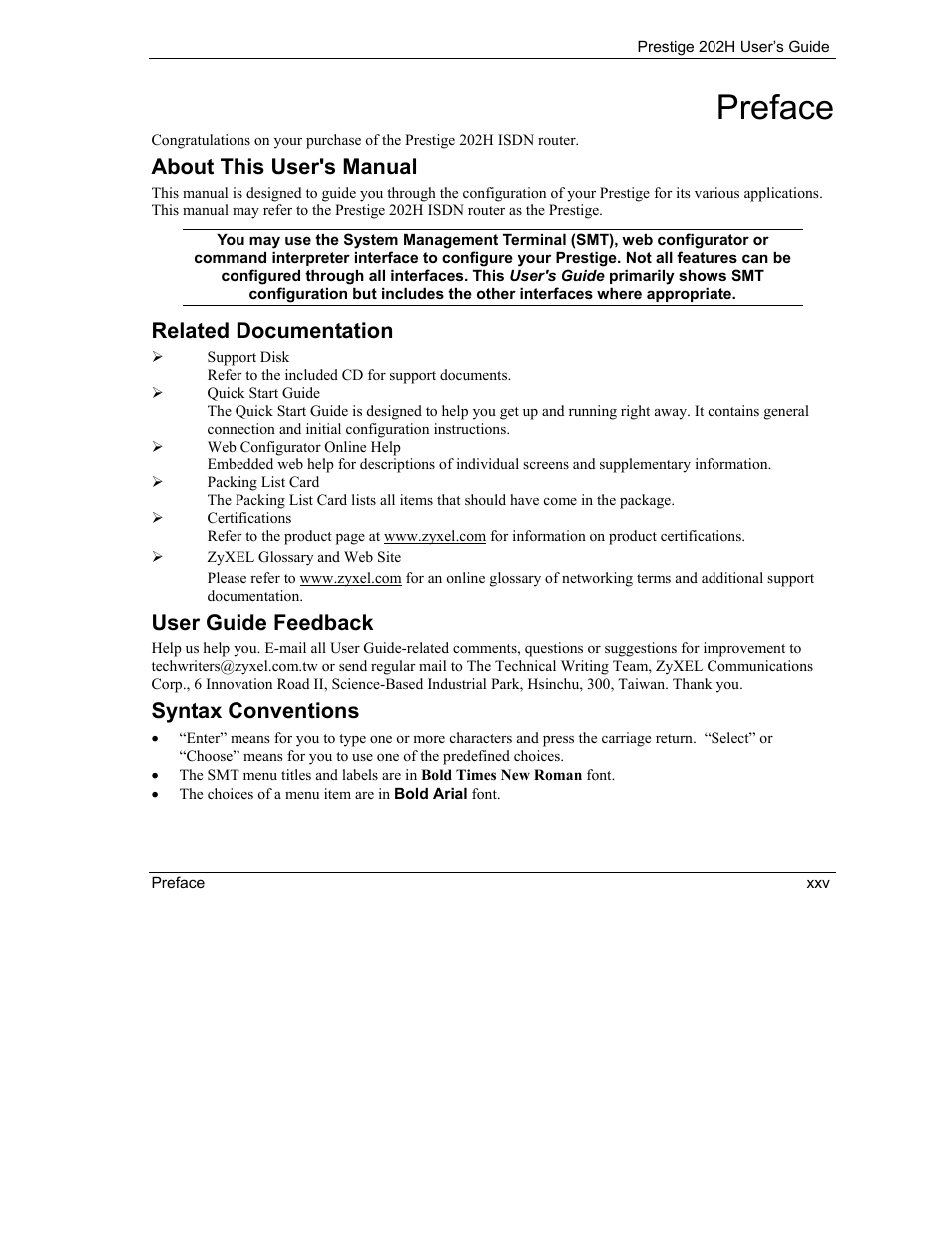 Preface, About this user's manual, Related documentation | User guide feedback, Syntax conventions | ZyXEL Communications 202H User Manual | Page 25 / 309