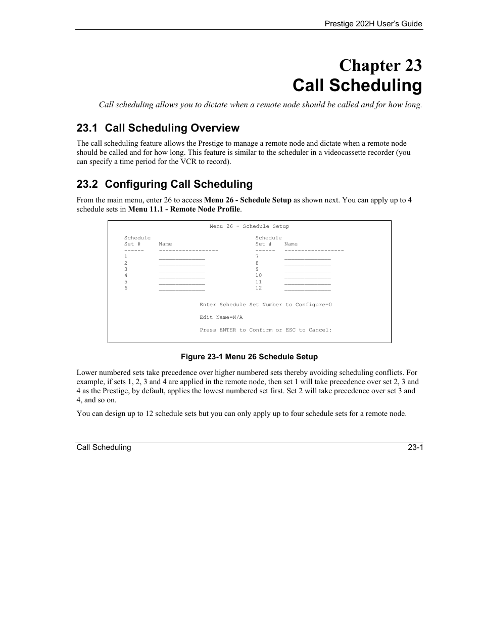 Call scheduling, Call scheduling overview, Configuring call scheduling | Chapter 23 call scheduling, 1 call scheduling overview, 2 configuring call scheduling | ZyXEL Communications 202H User Manual | Page 251 / 309