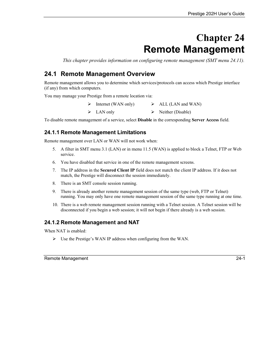 Remote management, Remote management overview, Chapter 24 remote management | 1 remote management overview | ZyXEL Communications 202H User Manual | Page 255 / 309
