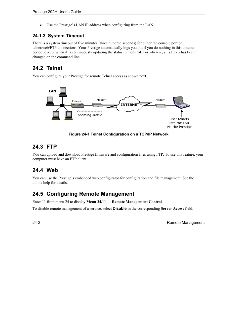 Telnet, Configuring remote management, 2 telnet | 3 ftp, 4 web, 5 configuring remote management | ZyXEL Communications 202H User Manual | Page 256 / 309