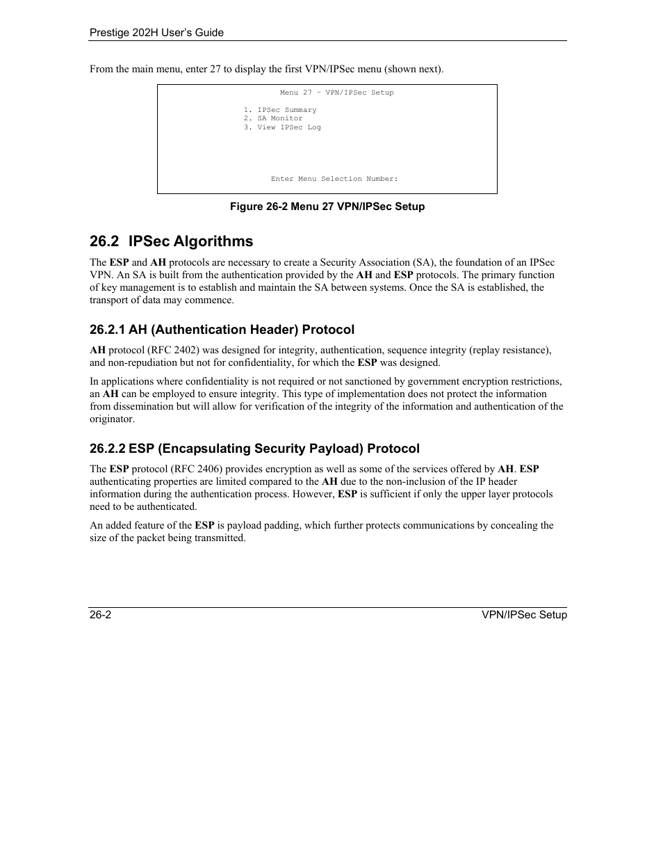 Ipsec algorithms, 2 ipsec algorithms, 1 ah (authentication header) protocol | 2 esp (encapsulating security payload) protocol | ZyXEL Communications 202H User Manual | Page 266 / 309