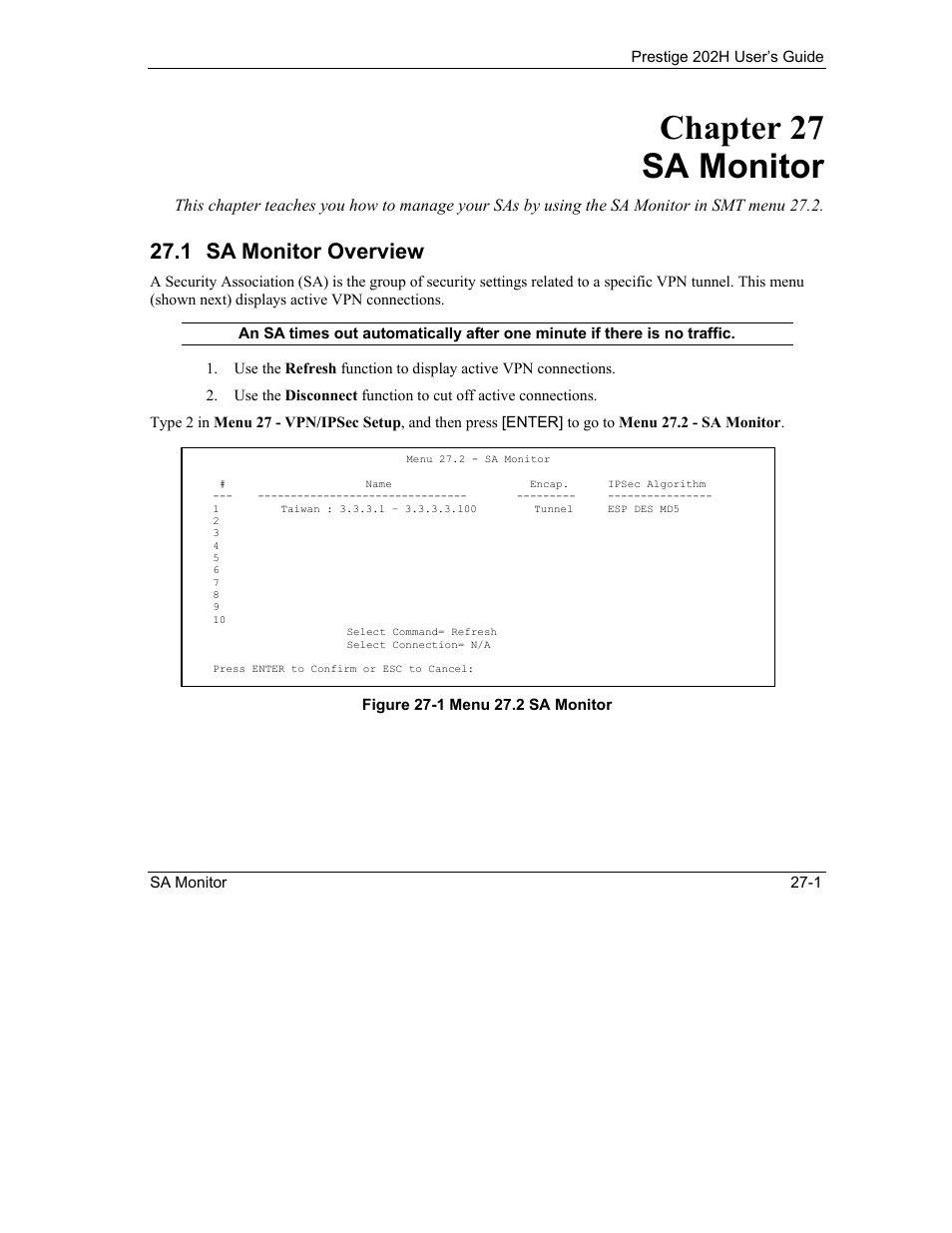 Sa monitor, Sa monitor overview, Chapter 27 sa monitor | 1 sa monitor overview | ZyXEL Communications 202H User Manual | Page 289 / 309