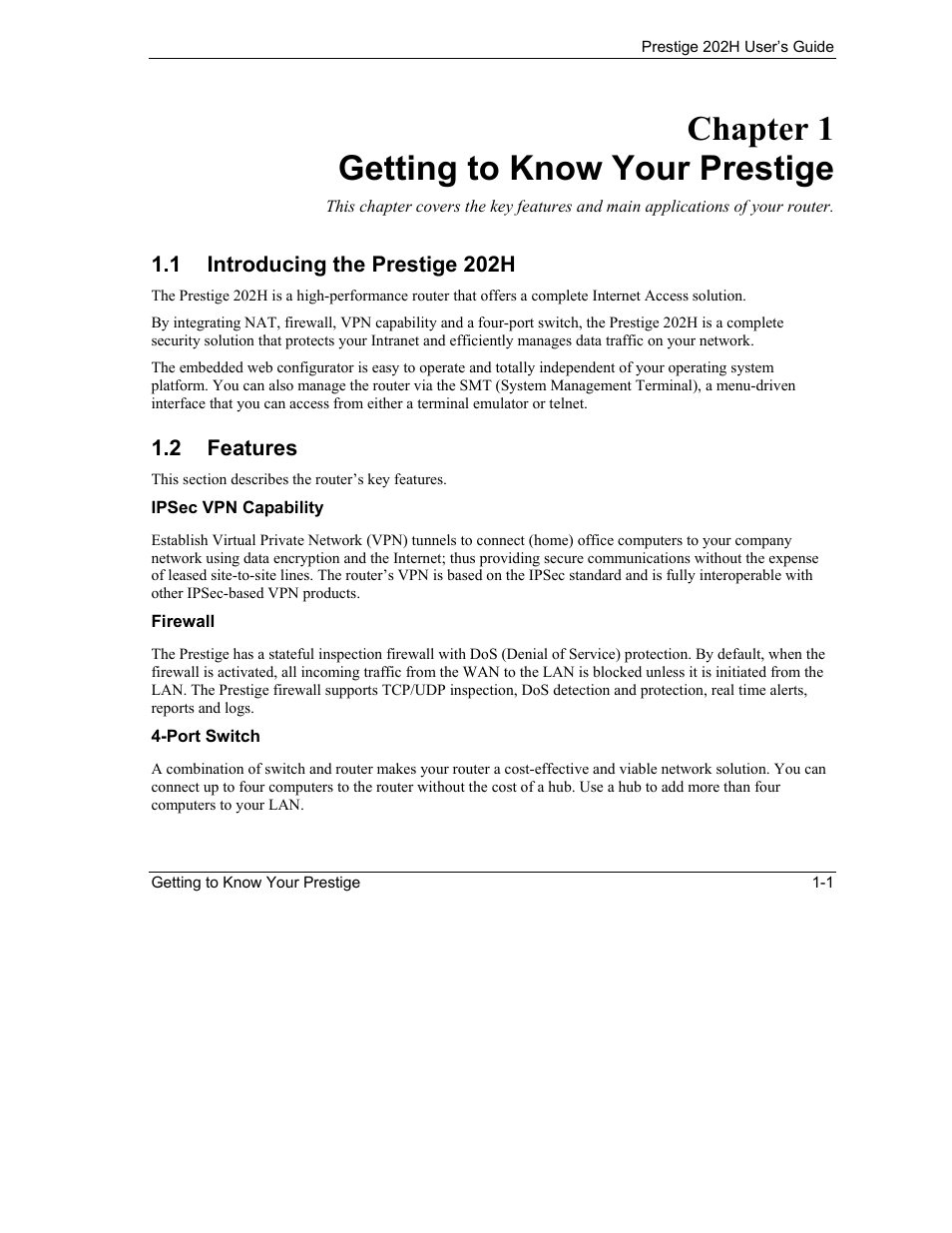 Getting to know your prestige, Introducing the prestige 202h, Features | Chapter 1 getting to know your prestige | ZyXEL Communications 202H User Manual | Page 29 / 309