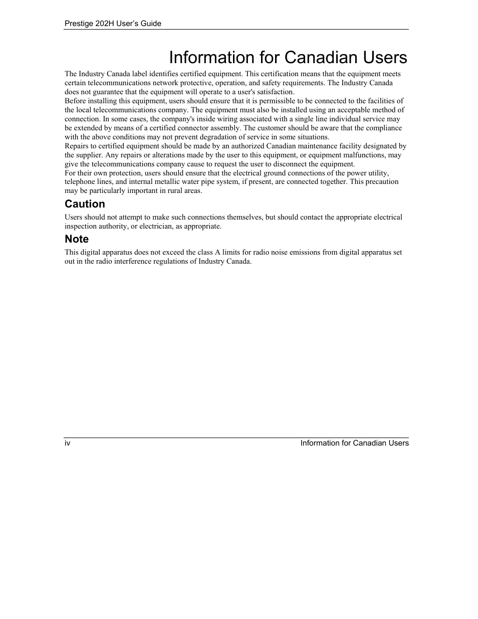 Information for canadian users | ZyXEL Communications 202H User Manual | Page 4 / 309