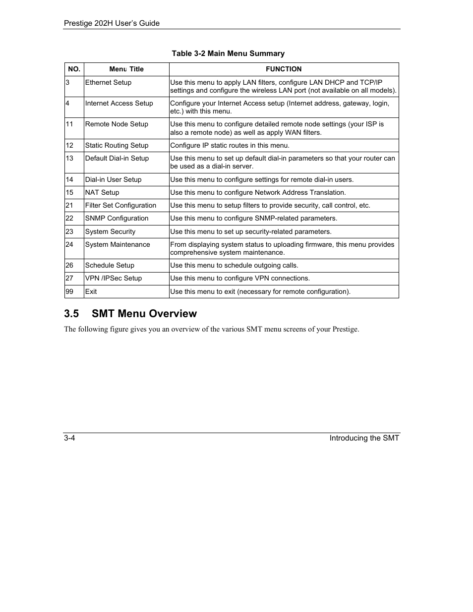 Smt menu overview, 5 smt menu overview | ZyXEL Communications 202H User Manual | Page 44 / 309