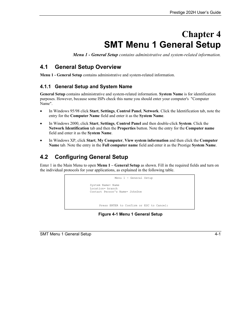Smt menu 1 general setup, General setup overview, Configuring general setup | Chapter 4 smt menu 1 general setup, 1 general setup overview, 2 configuring general setup | ZyXEL Communications 202H User Manual | Page 49 / 309