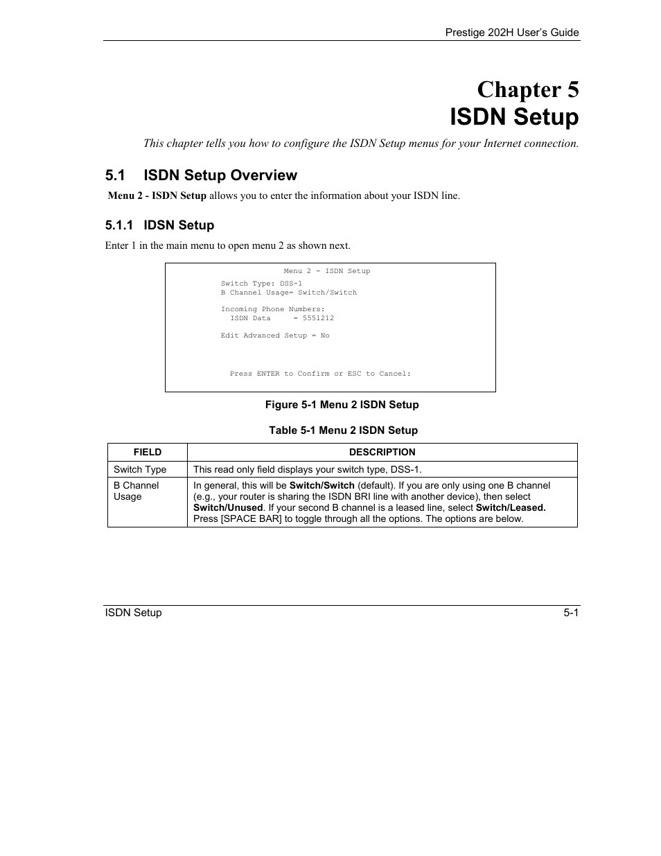 Isdn setup, Isdn setup overview, Chapter 5 isdn setup | 1 isdn setup overview | ZyXEL Communications 202H User Manual | Page 53 / 309