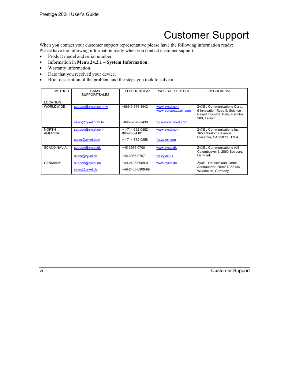 Customer support, Prestige 202h user’s guide vi customer support | ZyXEL Communications 202H User Manual | Page 6 / 309