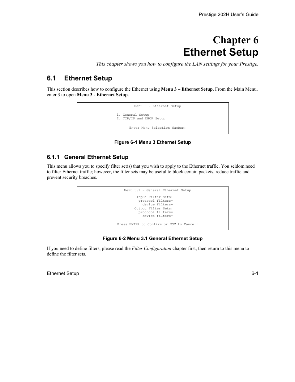 Ethernet setup, Chapter 6 ethernet setup, 1 ethernet setup | 1 general ethernet setup | ZyXEL Communications 202H User Manual | Page 61 / 309