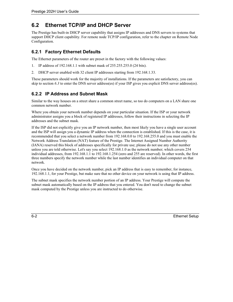 Ethernet tcp/ip and dhcp server, 2 ethernet tcp/ip and dhcp server | ZyXEL Communications 202H User Manual | Page 62 / 309