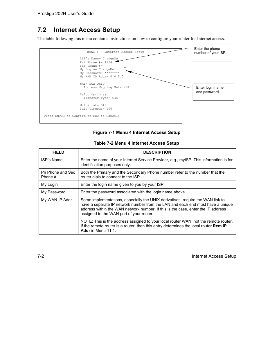 Internet access setup, 2 internet access setup | ZyXEL Communications 202H User Manual | Page 70 / 309