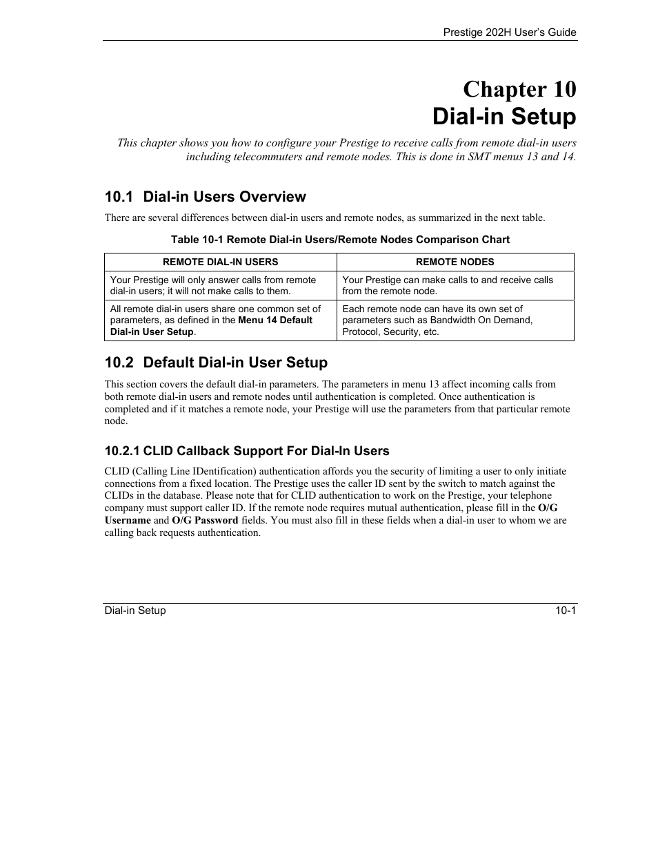 Dial-in setup, Dial-in users overview, Default dial-in user setup | Chapter 10 dial-in setup, 1 dial-in users overview, 2 default dial-in user setup | ZyXEL Communications 202H User Manual | Page 93 / 309