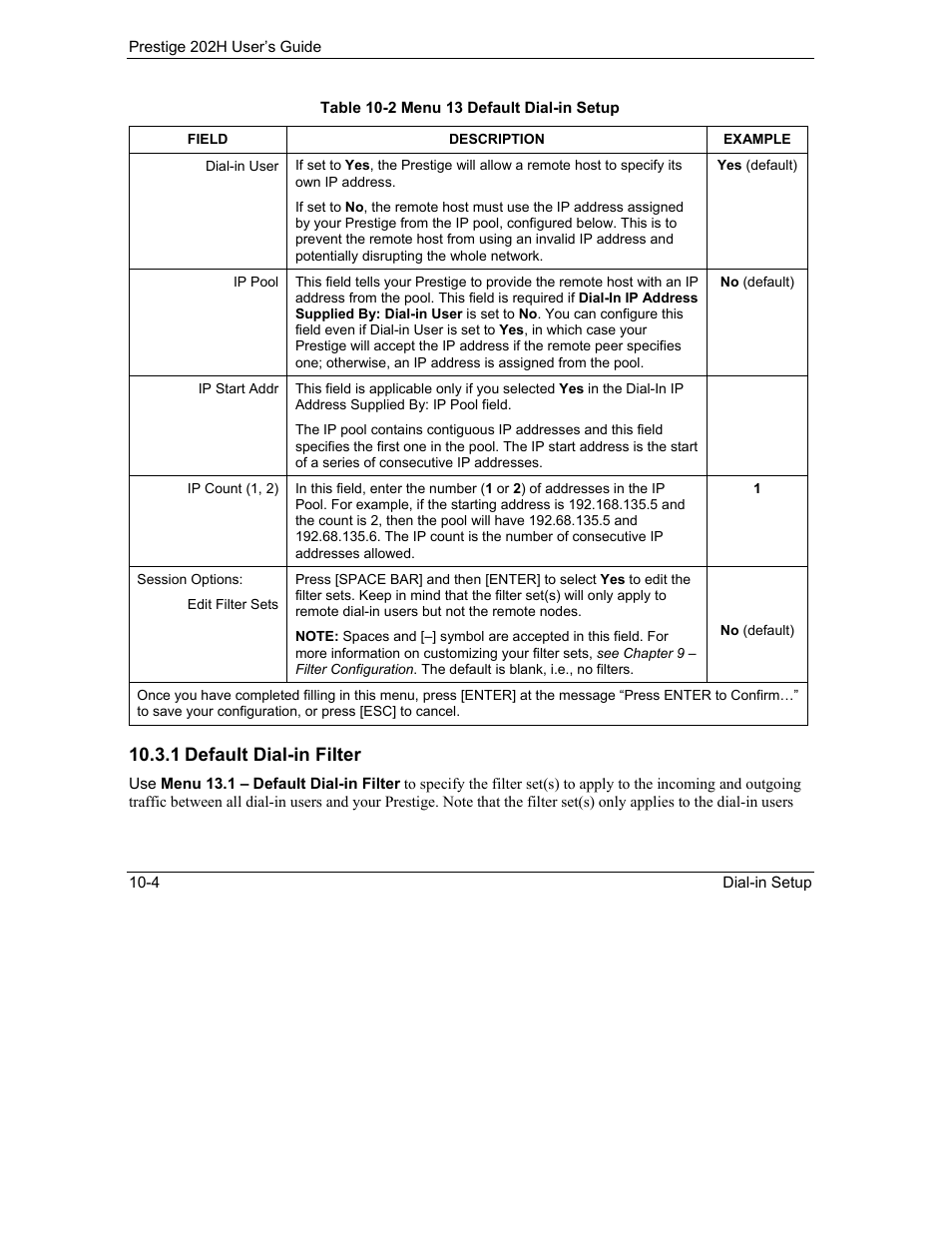 1 default dial-in filter | ZyXEL Communications 202H User Manual | Page 96 / 309