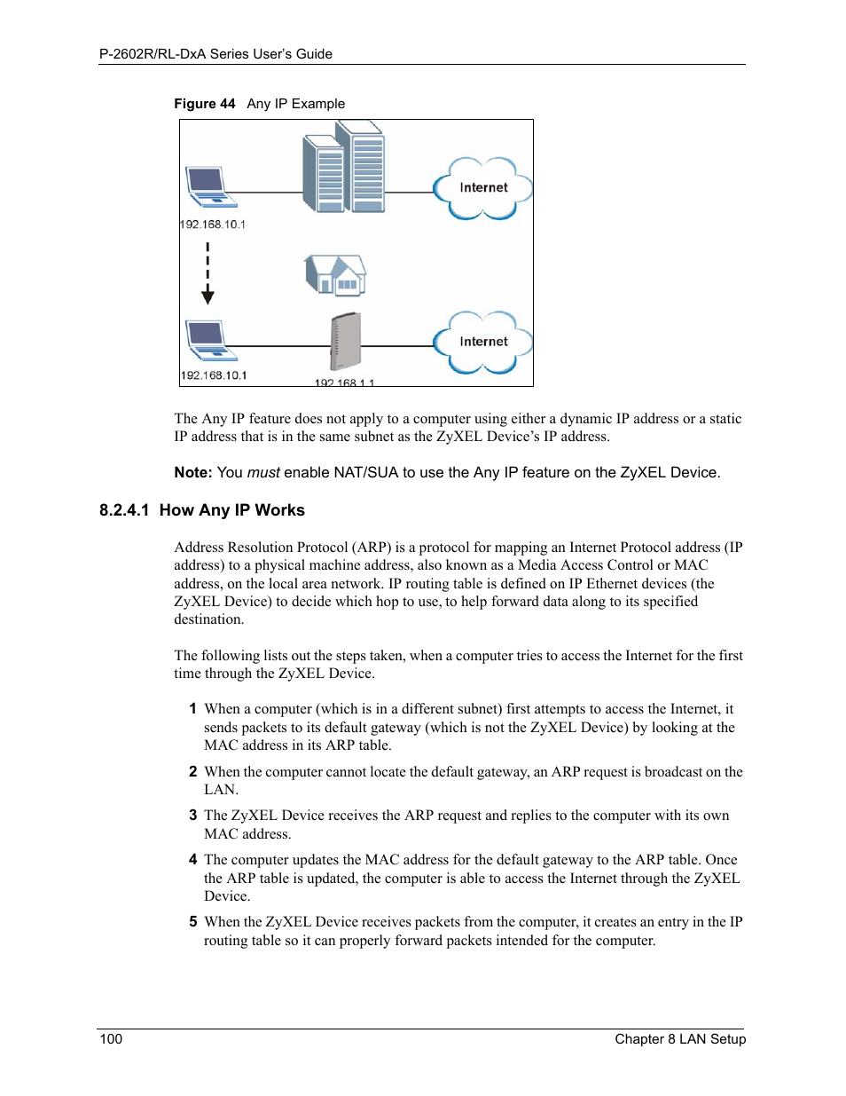 1 how any ip works, Figure 44 any ip example | ZyXEL Communications P-2602R-DxA Series User Manual | Page 100 / 348