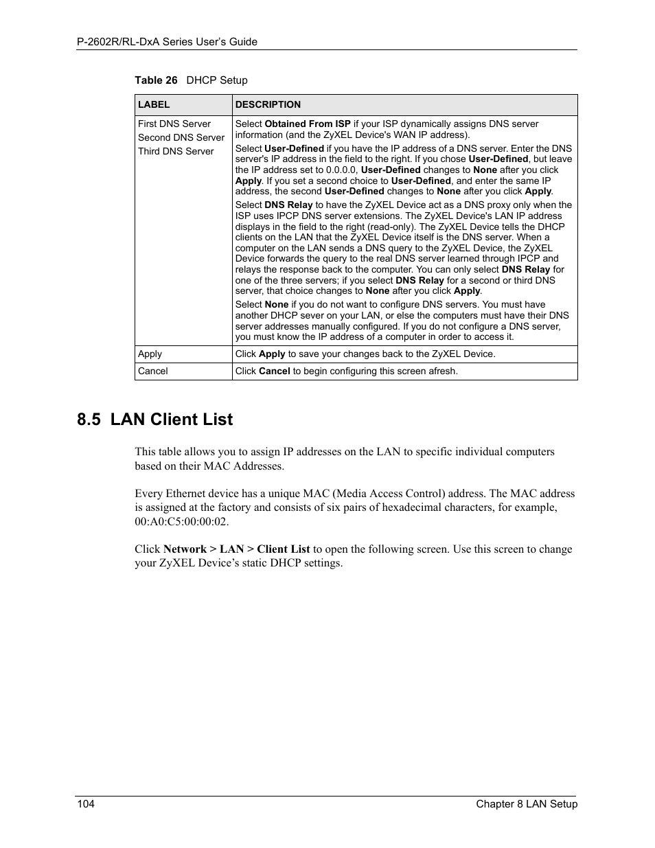 5 lan client list | ZyXEL Communications P-2602R-DxA Series User Manual | Page 104 / 348
