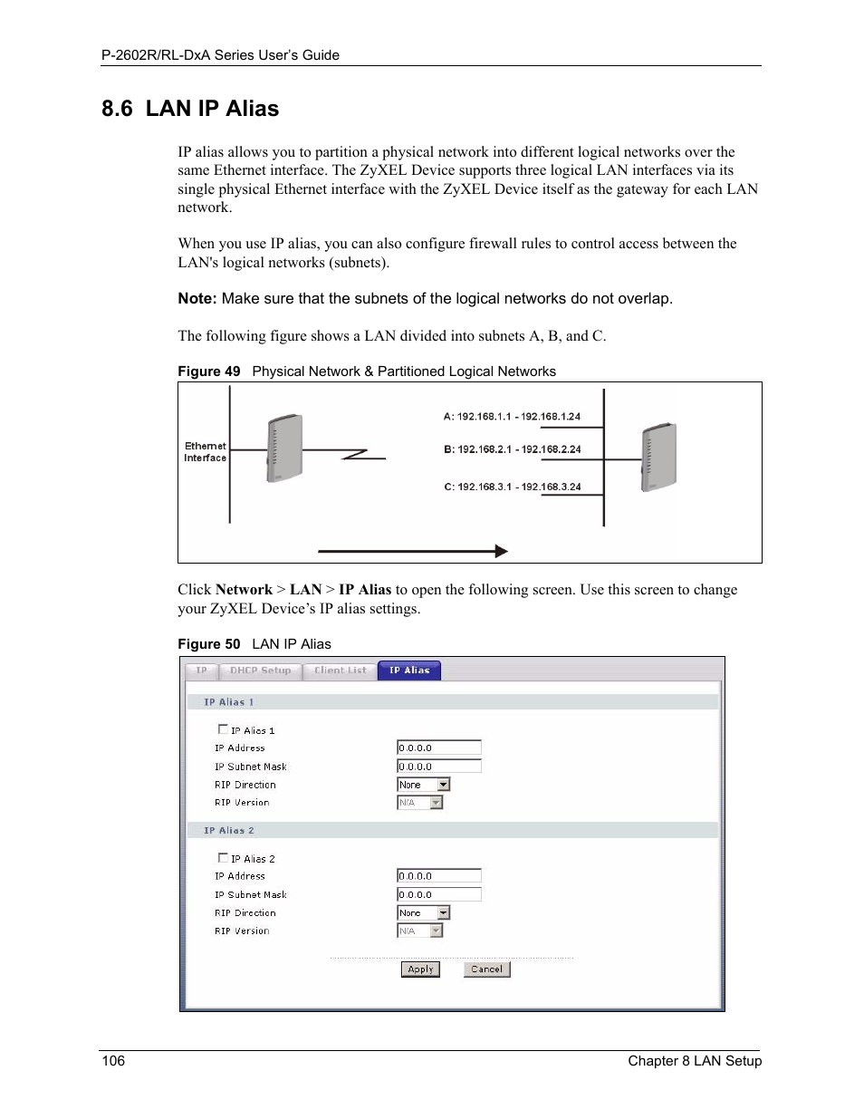 6 lan ip alias | ZyXEL Communications P-2602R-DxA Series User Manual | Page 106 / 348