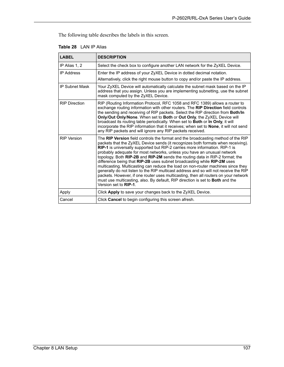 Table 28 lan ip alias | ZyXEL Communications P-2602R-DxA Series User Manual | Page 107 / 348