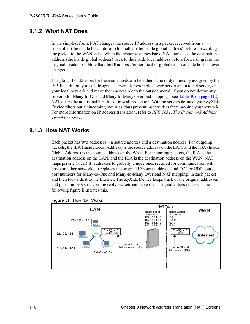 2 what nat does, 3 how nat works, 2 what nat does 9.1.3 how nat works | Figure 51 how nat works | ZyXEL Communications P-2602R-DxA Series User Manual | Page 110 / 348