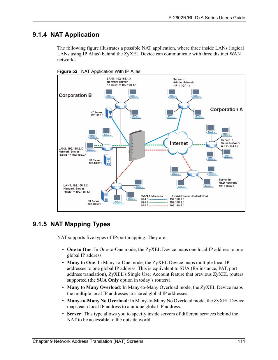 4 nat application, 5 nat mapping types, 4 nat application 9.1.5 nat mapping types | Figure 52 nat application with ip alias | ZyXEL Communications P-2602R-DxA Series User Manual | Page 111 / 348