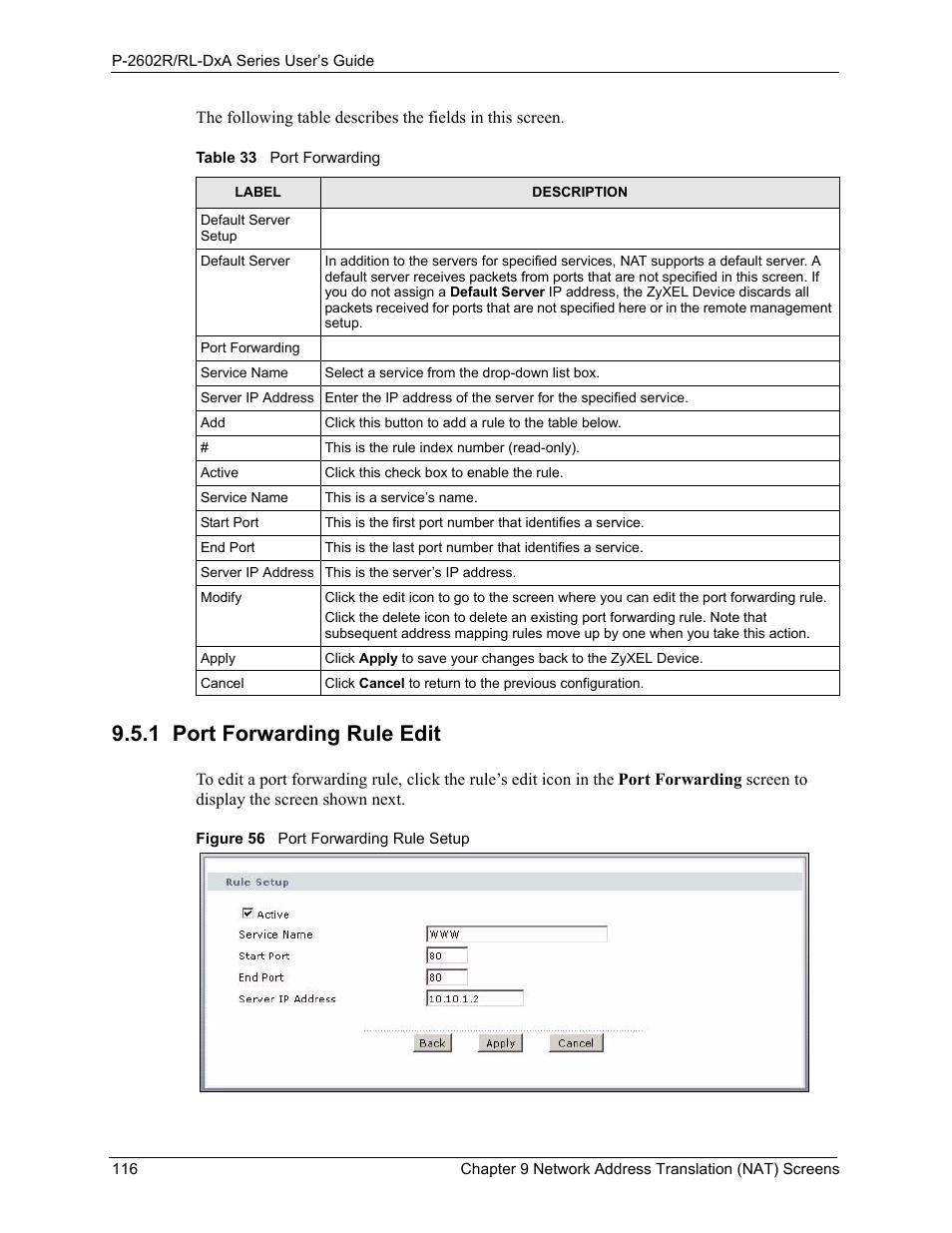 1 port forwarding rule edit, Figure 56 port forwarding rule setup, Table 33 port forwarding | ZyXEL Communications P-2602R-DxA Series User Manual | Page 116 / 348