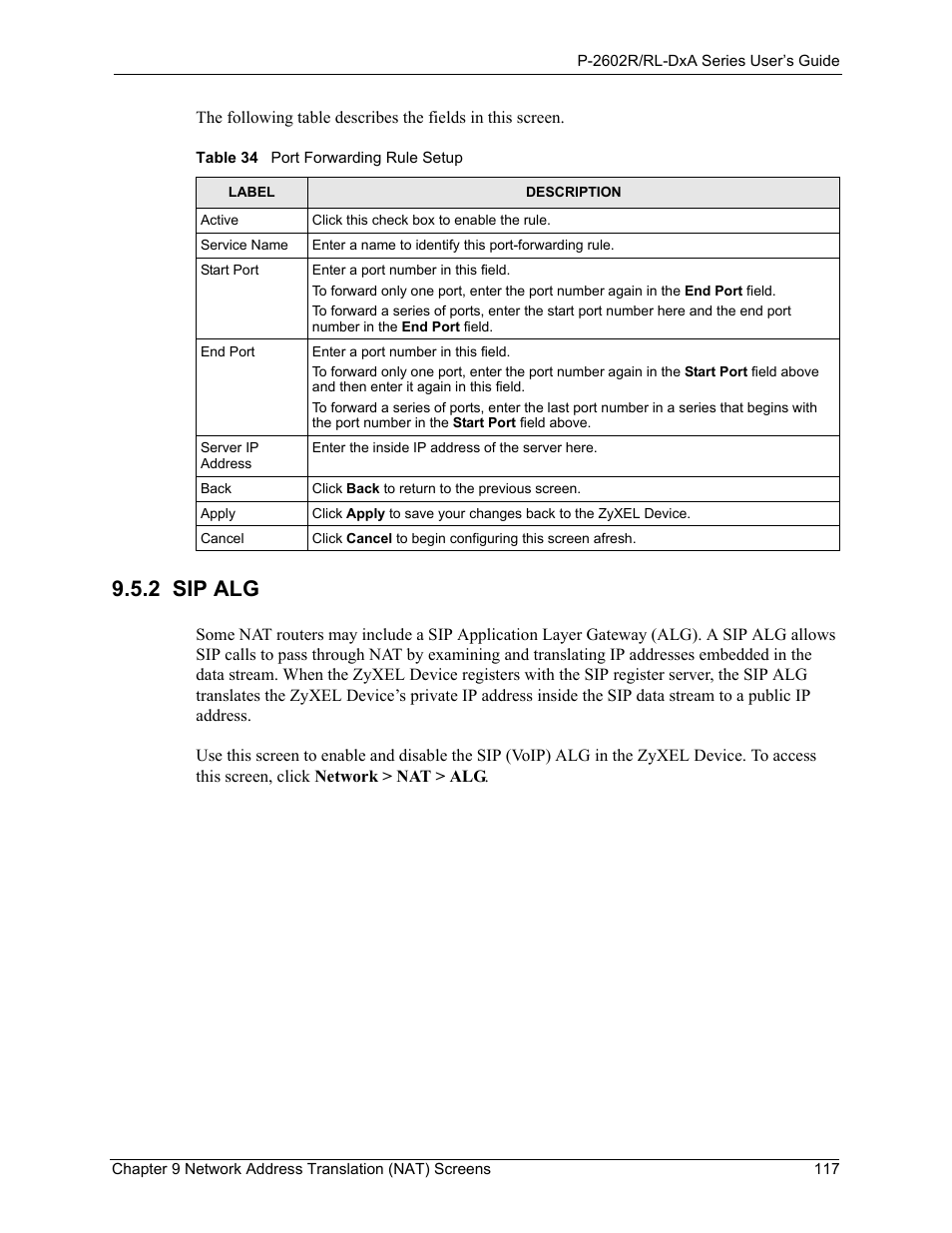 2 sip alg, Table 34 port forwarding rule setup | ZyXEL Communications P-2602R-DxA Series User Manual | Page 117 / 348
