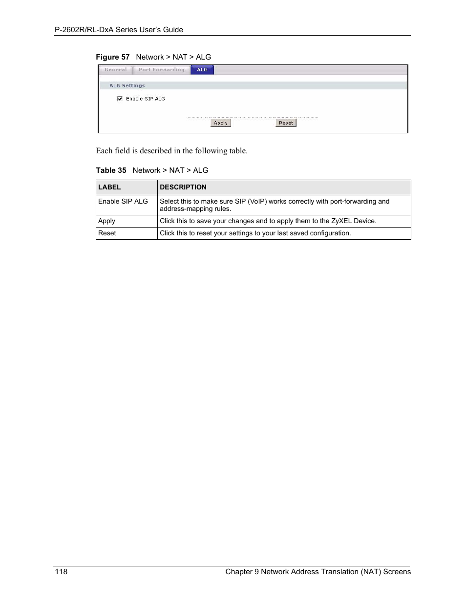 Figure 57 network > nat > alg, Table 35 network > nat > alg | ZyXEL Communications P-2602R-DxA Series User Manual | Page 118 / 348