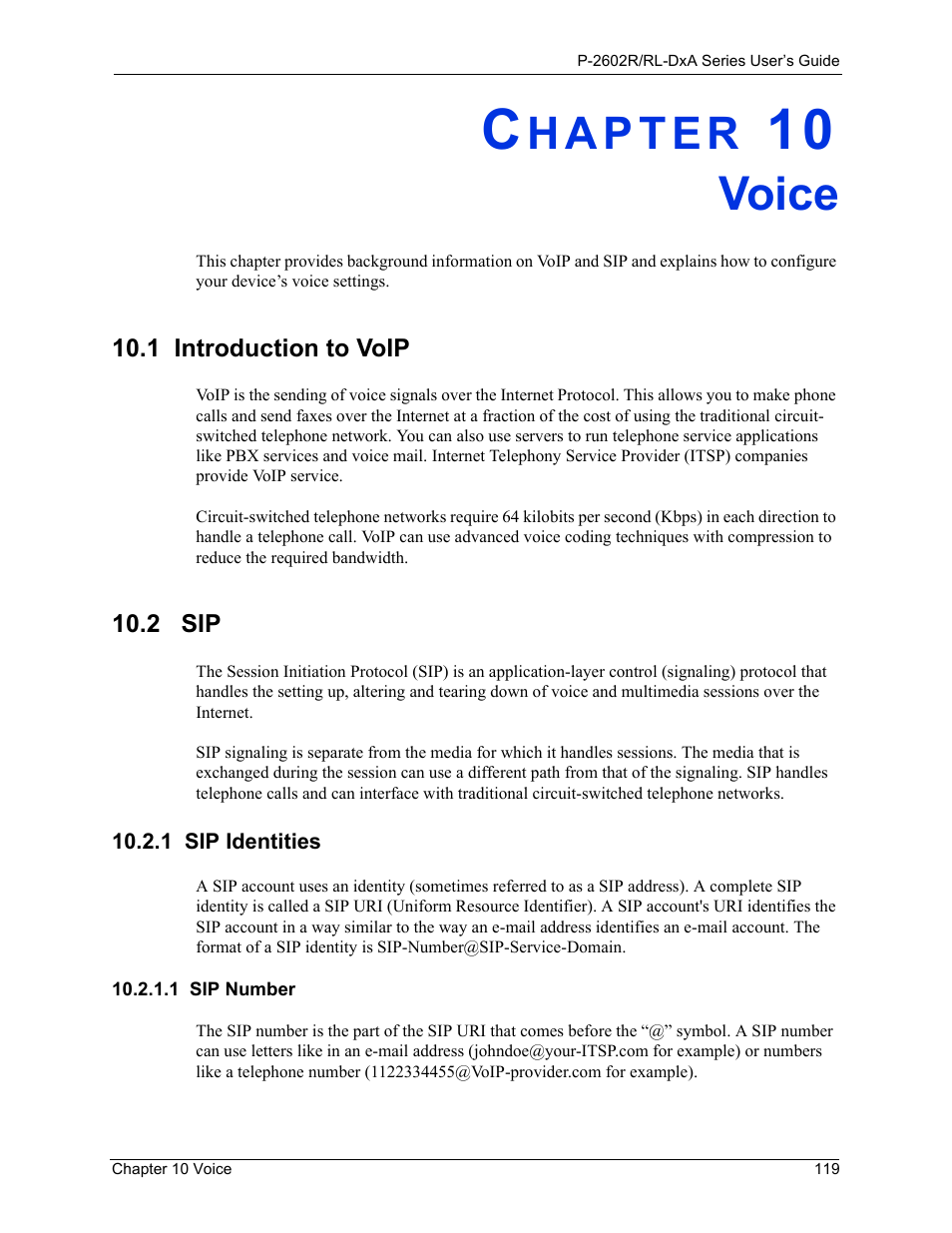 Voice, 1 introduction to voip, 2 sip | 1 sip identities, 1 sip number, Chapter 10 voice, 1 introduction to voip 10.2 sip | ZyXEL Communications P-2602R-DxA Series User Manual | Page 119 / 348