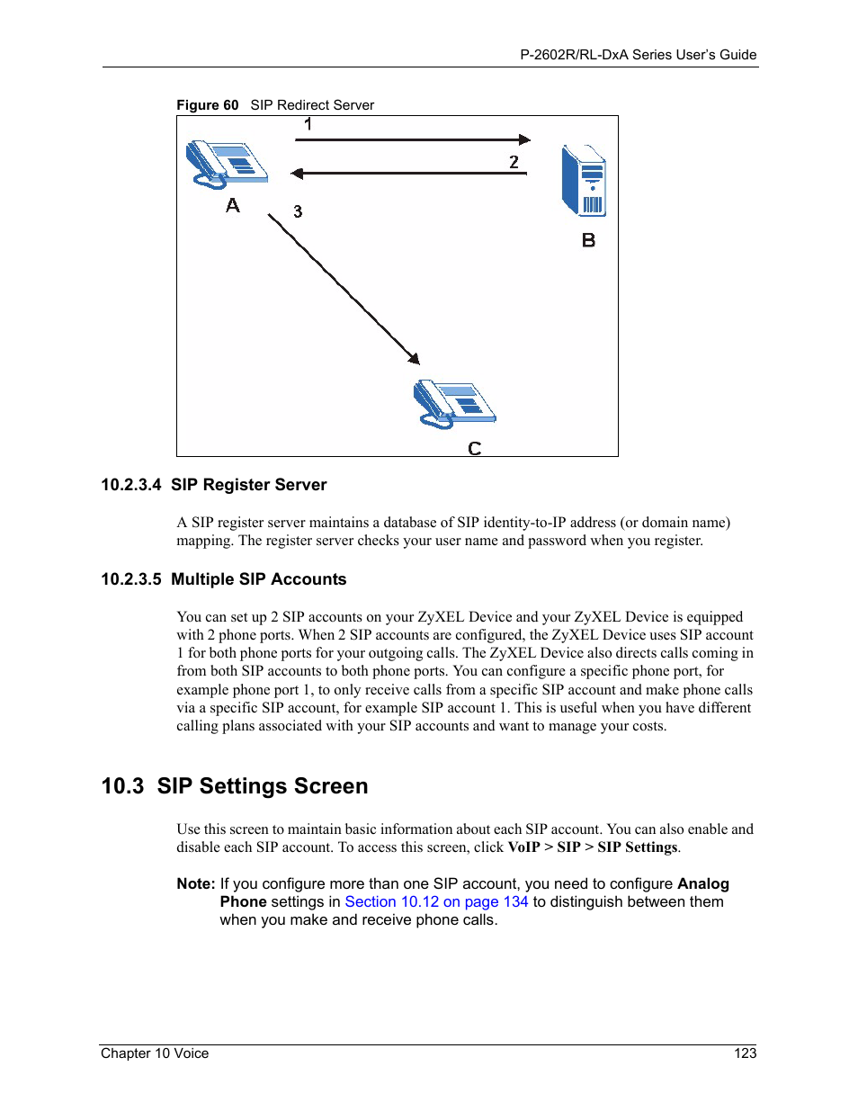 4 sip register server, 5 multiple sip accounts, 3 sip settings screen | Figure 60 sip redirect server | ZyXEL Communications P-2602R-DxA Series User Manual | Page 123 / 348