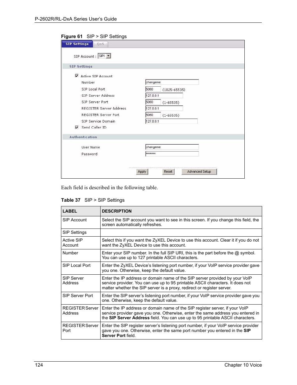 Figure 61 sip > sip settings, Table 37 sip > sip settings | ZyXEL Communications P-2602R-DxA Series User Manual | Page 124 / 348