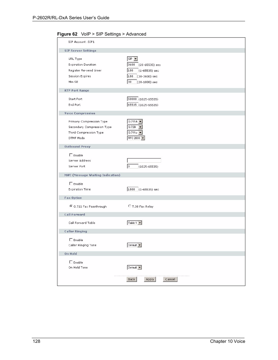 Figure 62 voip > sip settings > advanced | ZyXEL Communications P-2602R-DxA Series User Manual | Page 128 / 348