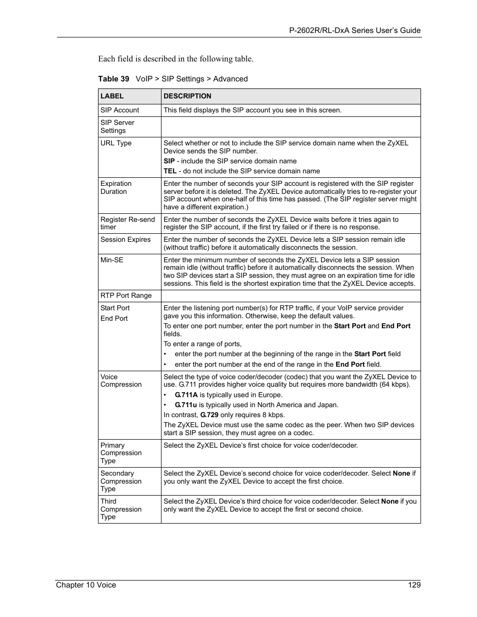 Table 39 voip > sip settings > advanced | ZyXEL Communications P-2602R-DxA Series User Manual | Page 129 / 348