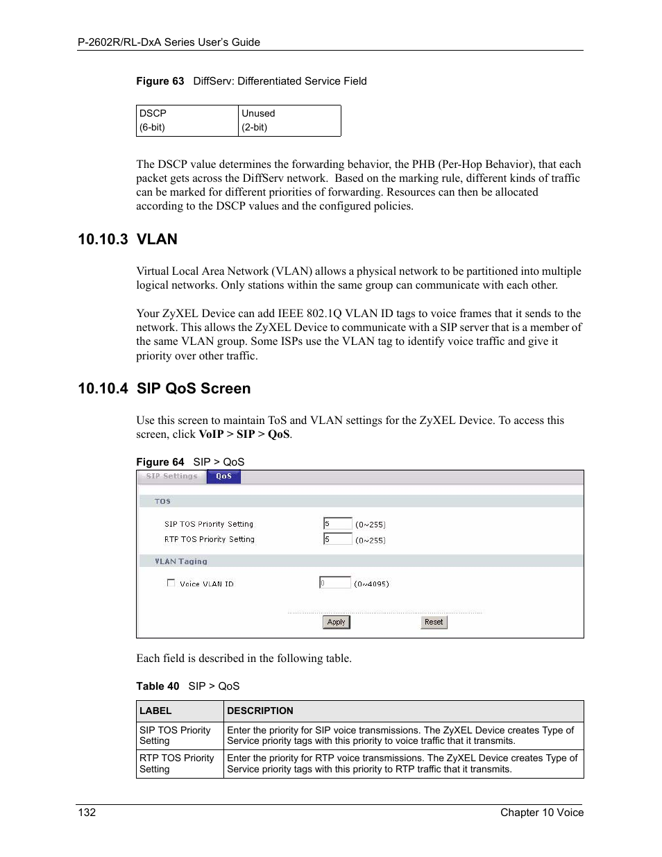 3 vlan, 4 sip qos screen, 3 vlan 10.10.4 sip qos screen | Table 40 sip > qos | ZyXEL Communications P-2602R-DxA Series User Manual | Page 132 / 348