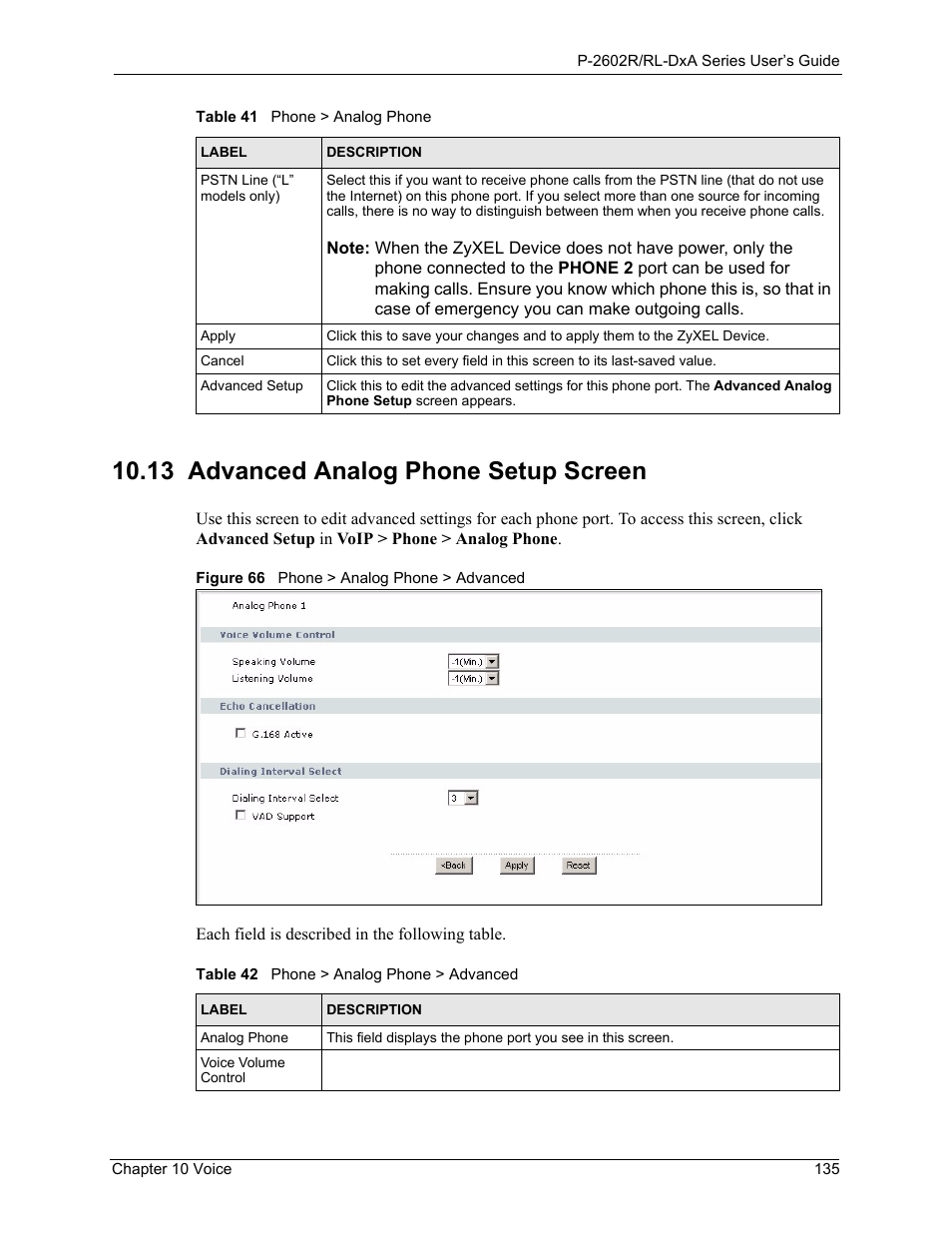 13 advanced analog phone setup screen, Figure 66 phone > analog phone > advanced, Table 42 phone > analog phone > advanced | ZyXEL Communications P-2602R-DxA Series User Manual | Page 135 / 348