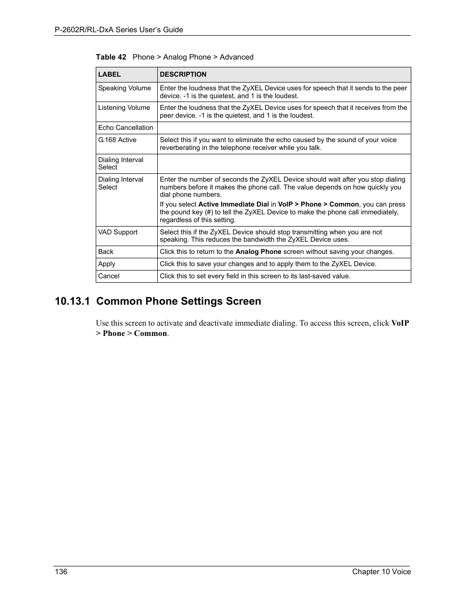 1 common phone settings screen | ZyXEL Communications P-2602R-DxA Series User Manual | Page 136 / 348