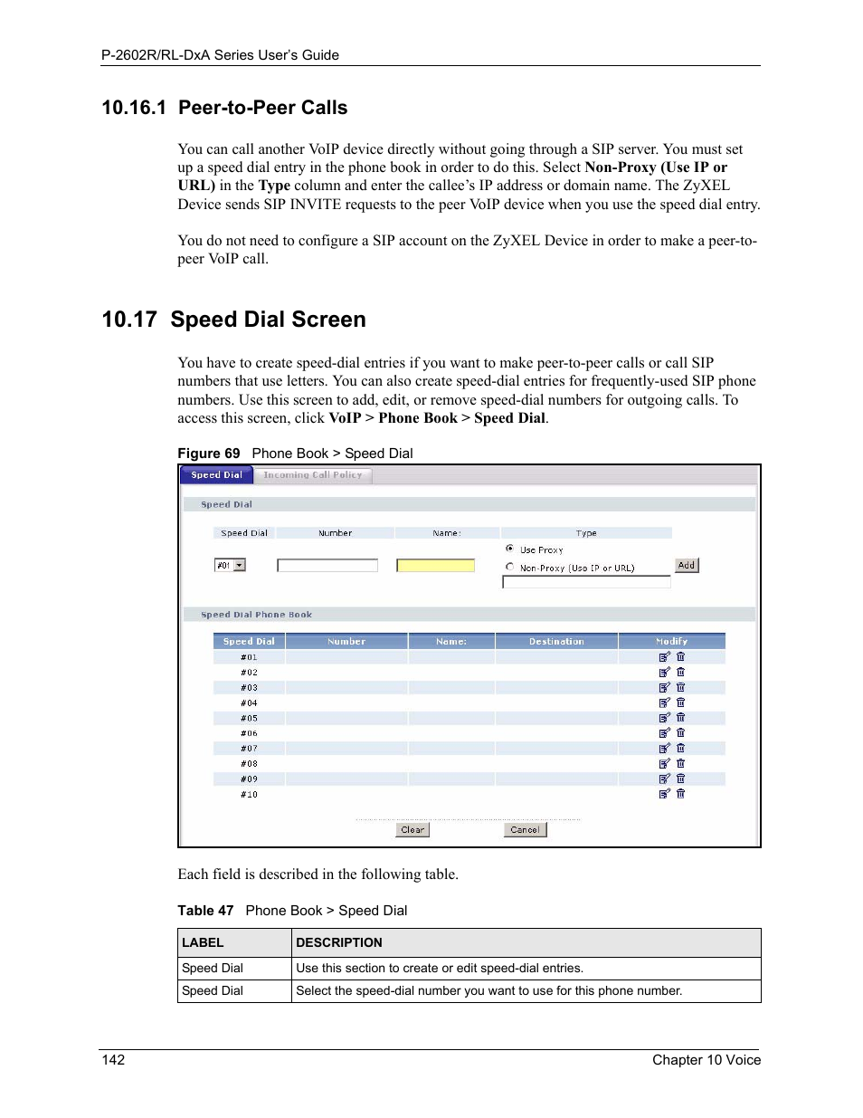 1 peer-to-peer calls, 17 speed dial screen, Figure 69 phone book > speed dial | Table 47 phone book > speed dial | ZyXEL Communications P-2602R-DxA Series User Manual | Page 142 / 348