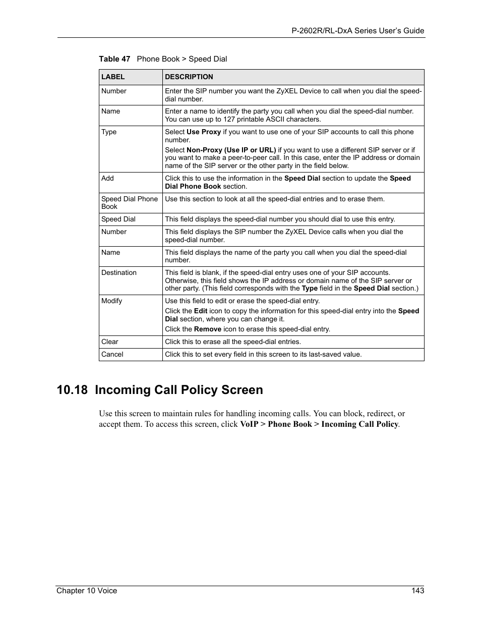18 incoming call policy screen, All forwarding (see | ZyXEL Communications P-2602R-DxA Series User Manual | Page 143 / 348