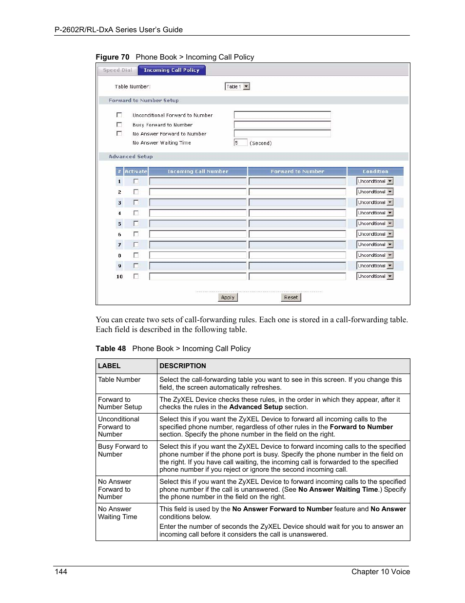 Figure 70 phone book > incoming call policy, Table 48 phone book > incoming call policy | ZyXEL Communications P-2602R-DxA Series User Manual | Page 144 / 348