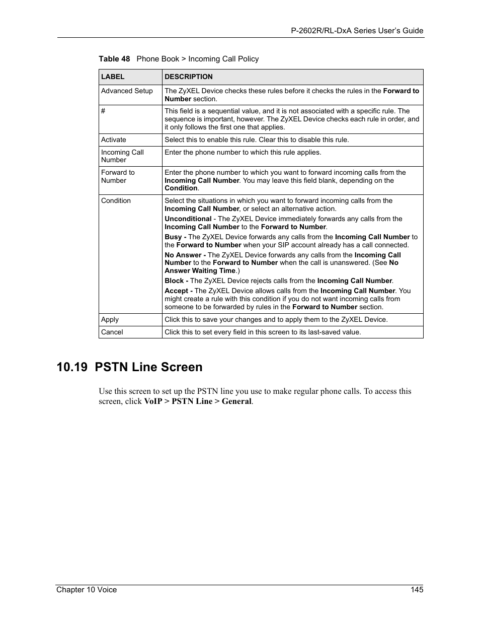 19 pstn line screen | ZyXEL Communications P-2602R-DxA Series User Manual | Page 145 / 348