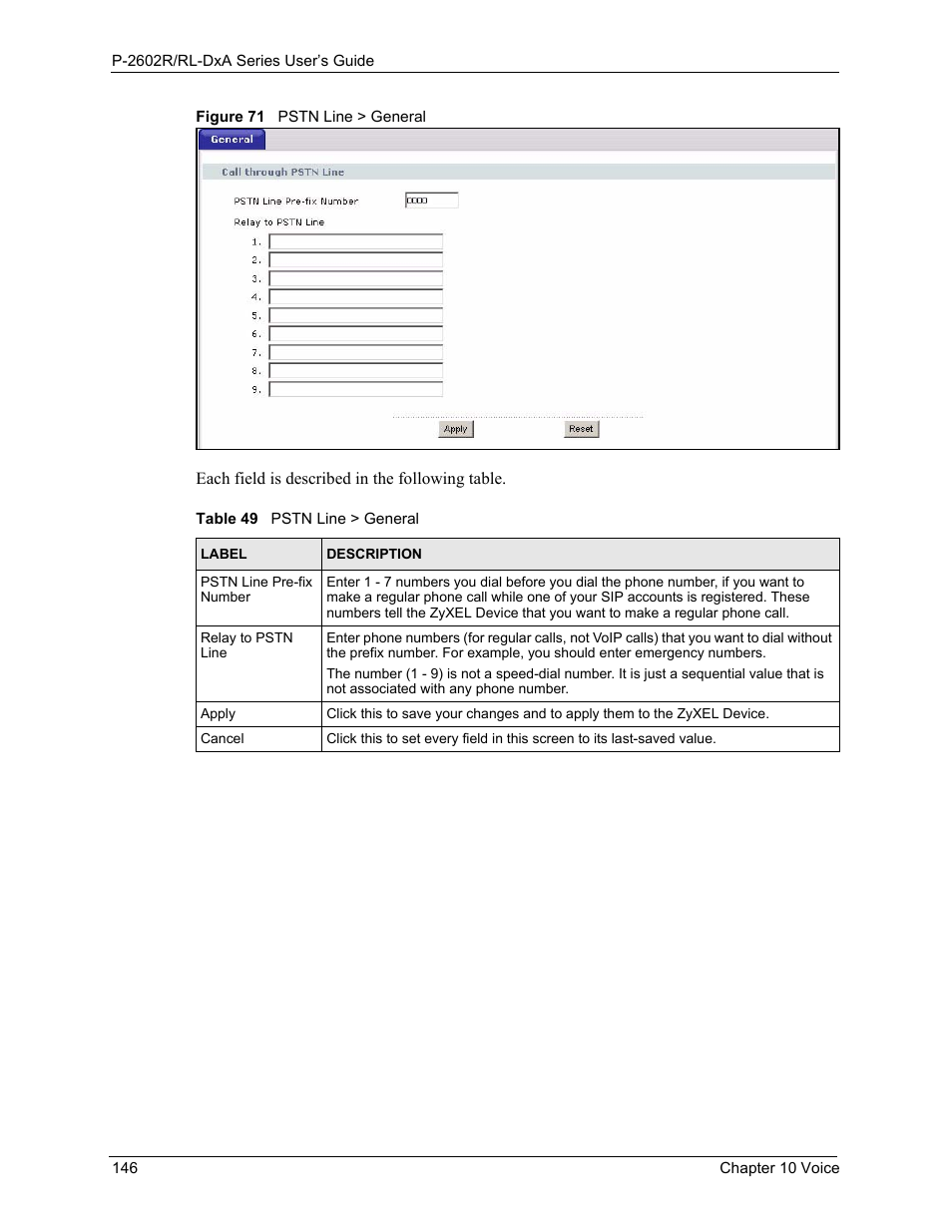 Figure 71 pstn line > general, Table 49 pstn line > general | ZyXEL Communications P-2602R-DxA Series User Manual | Page 146 / 348