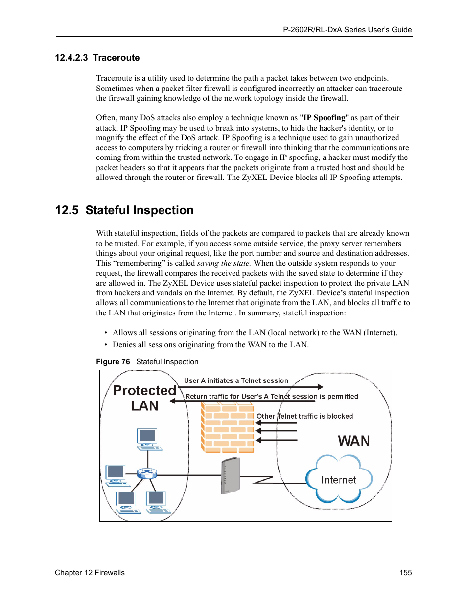 3 traceroute, 5 stateful inspection, Figure 76 stateful inspection | ZyXEL Communications P-2602R-DxA Series User Manual | Page 155 / 348