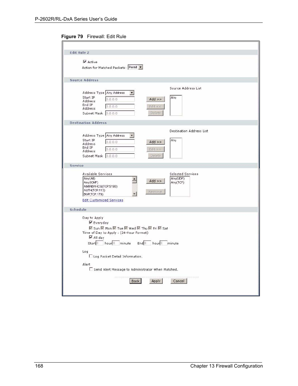 Figure 79 firewall: edit rule, Figure 79 | ZyXEL Communications P-2602R-DxA Series User Manual | Page 168 / 348