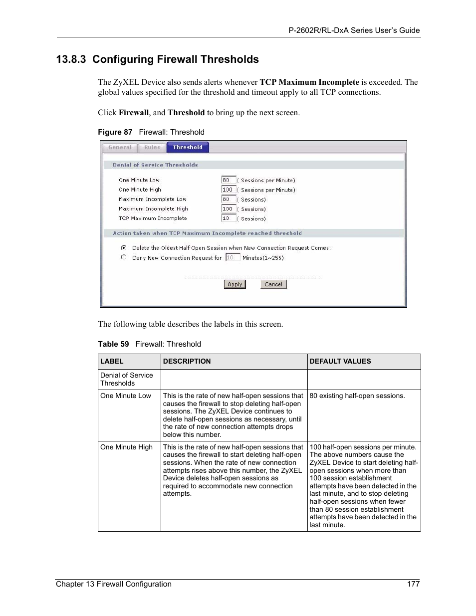 3 configuring firewall thresholds, Figure 87 firewall: threshold, Table 59 firewall: threshold | Refer to | ZyXEL Communications P-2602R-DxA Series User Manual | Page 177 / 348