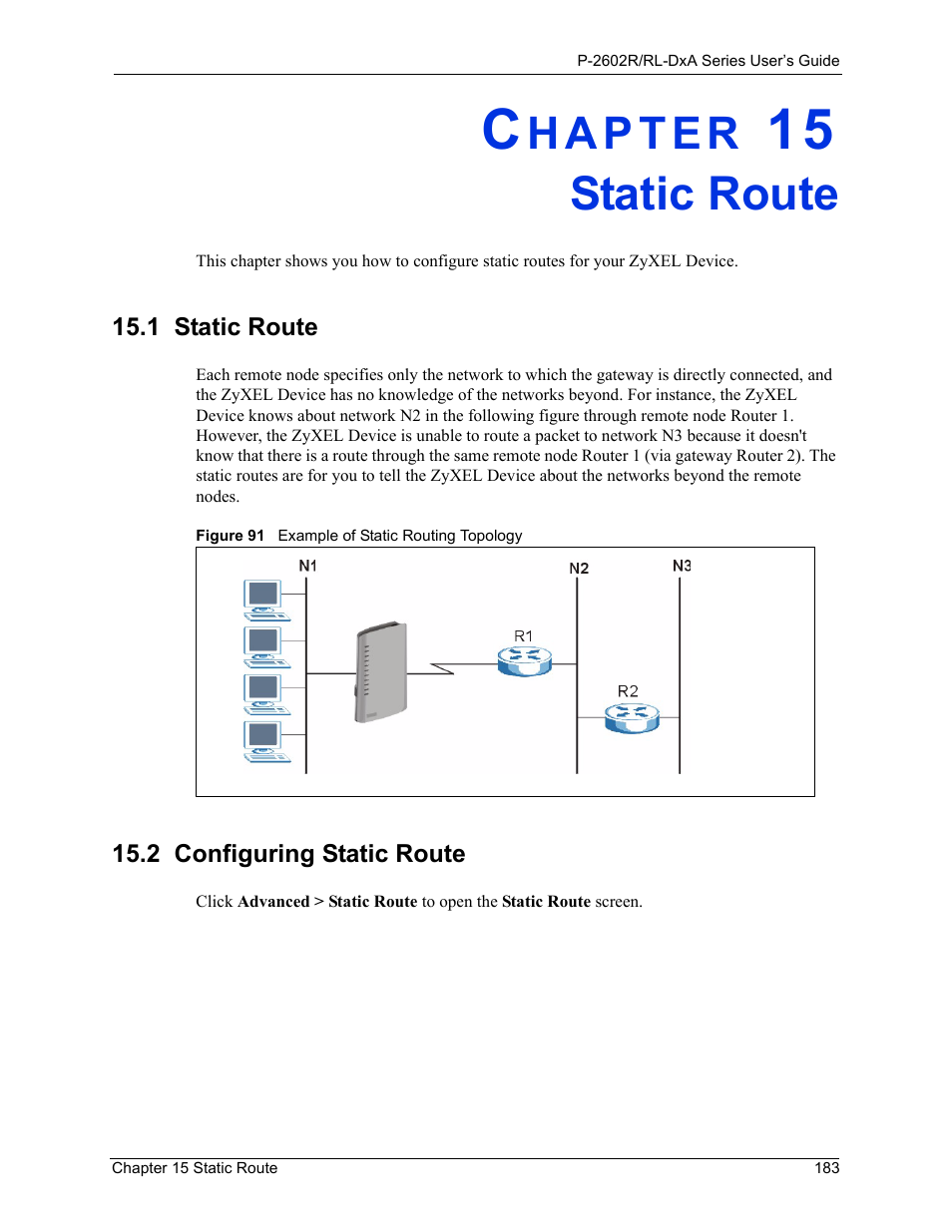 Static route, Chapter 15 static route, 1 static route 15.2 configuring static route | Figure 91 example of static routing topology | ZyXEL Communications P-2602R-DxA Series User Manual | Page 183 / 348