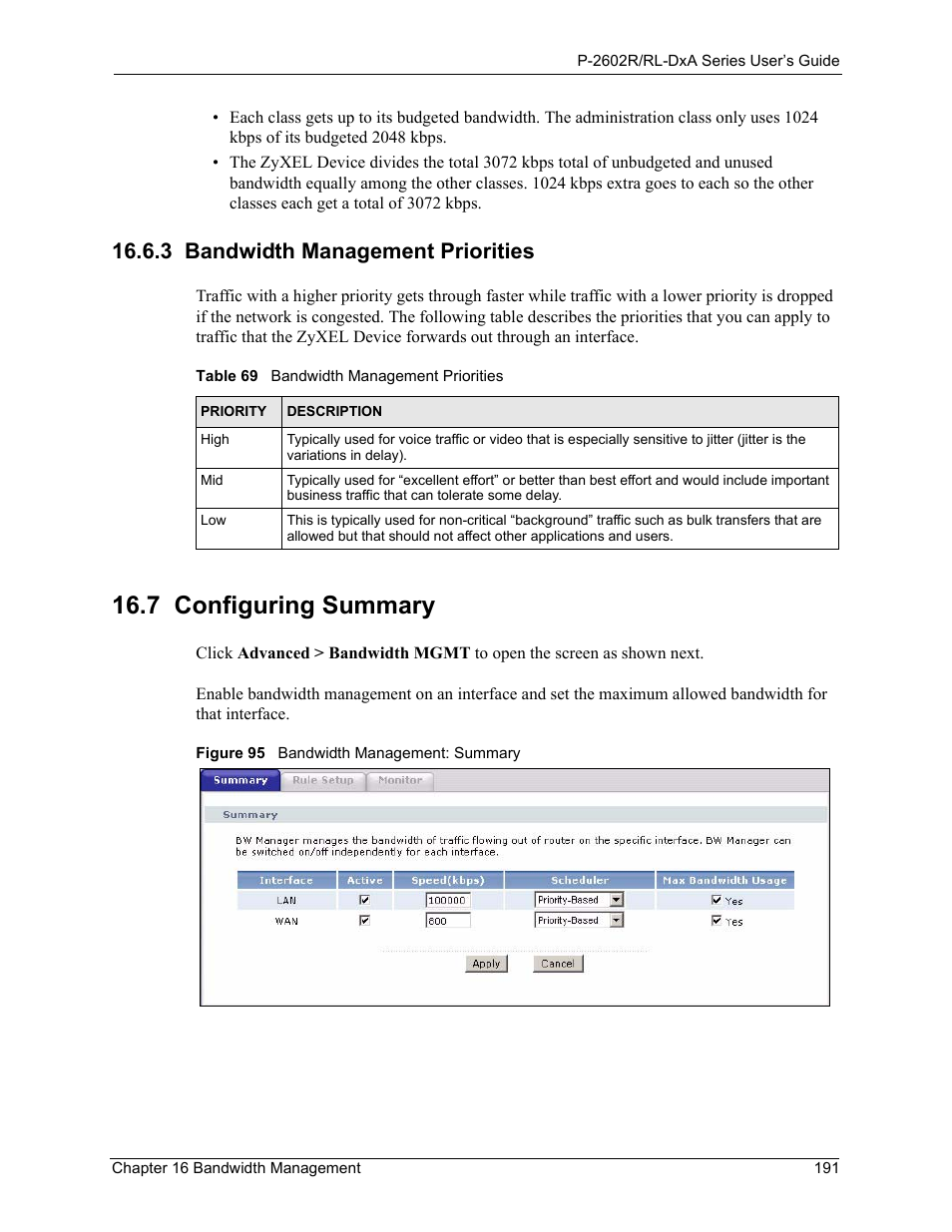 3 bandwidth management priorities, 7 configuring summary, Figure 95 bandwidth management: summary | Table 69 bandwidth management priorities | ZyXEL Communications P-2602R-DxA Series User Manual | Page 191 / 348