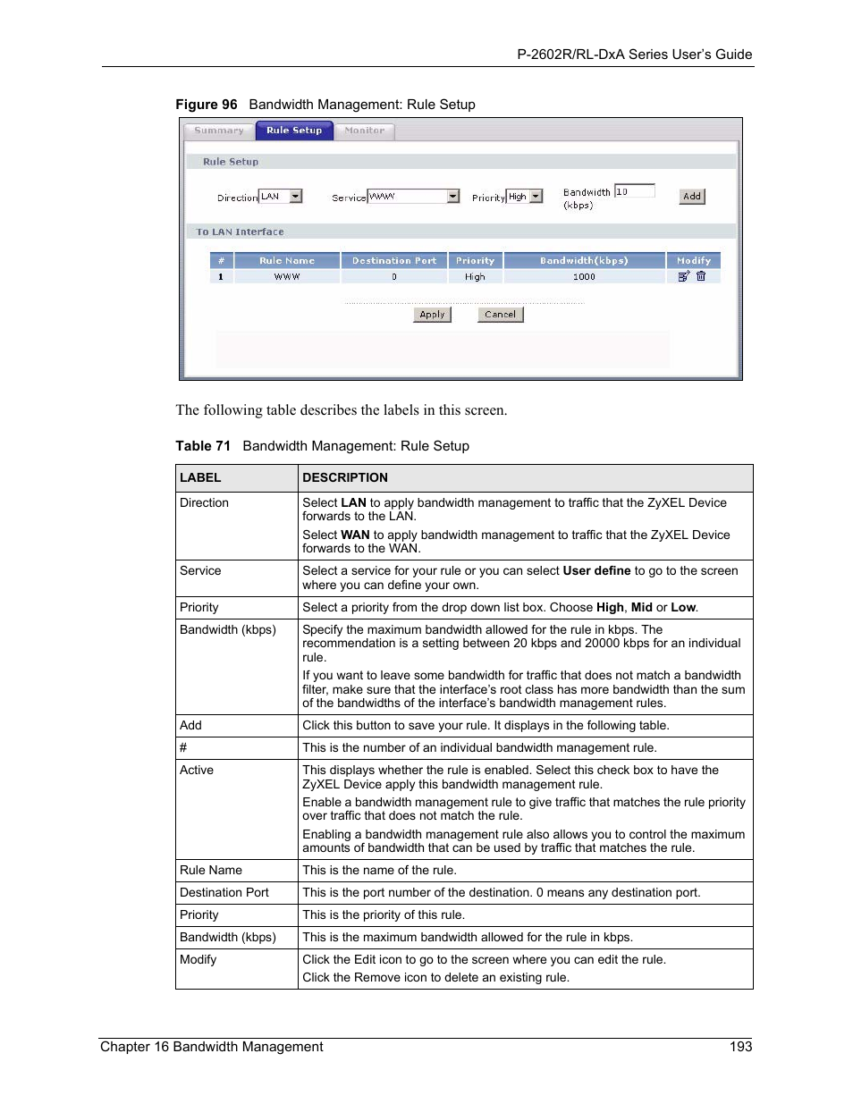 Figure 96 bandwidth management: rule setup, Table 71 bandwidth management: rule setup | ZyXEL Communications P-2602R-DxA Series User Manual | Page 193 / 348