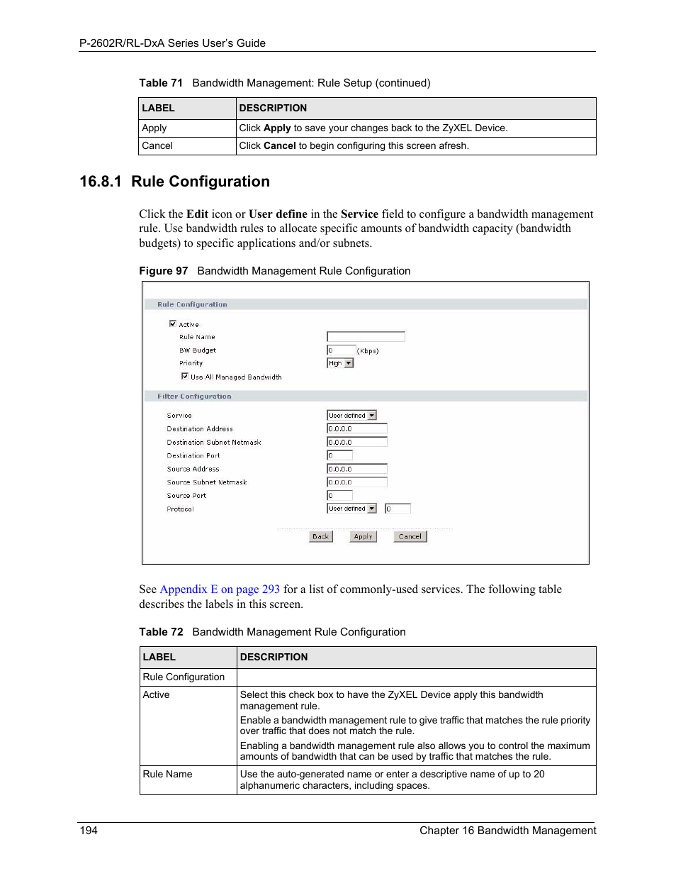 1 rule configuration, Figure 97 bandwidth management rule configuration, Table 72 bandwidth management rule configuration | ZyXEL Communications P-2602R-DxA Series User Manual | Page 194 / 348